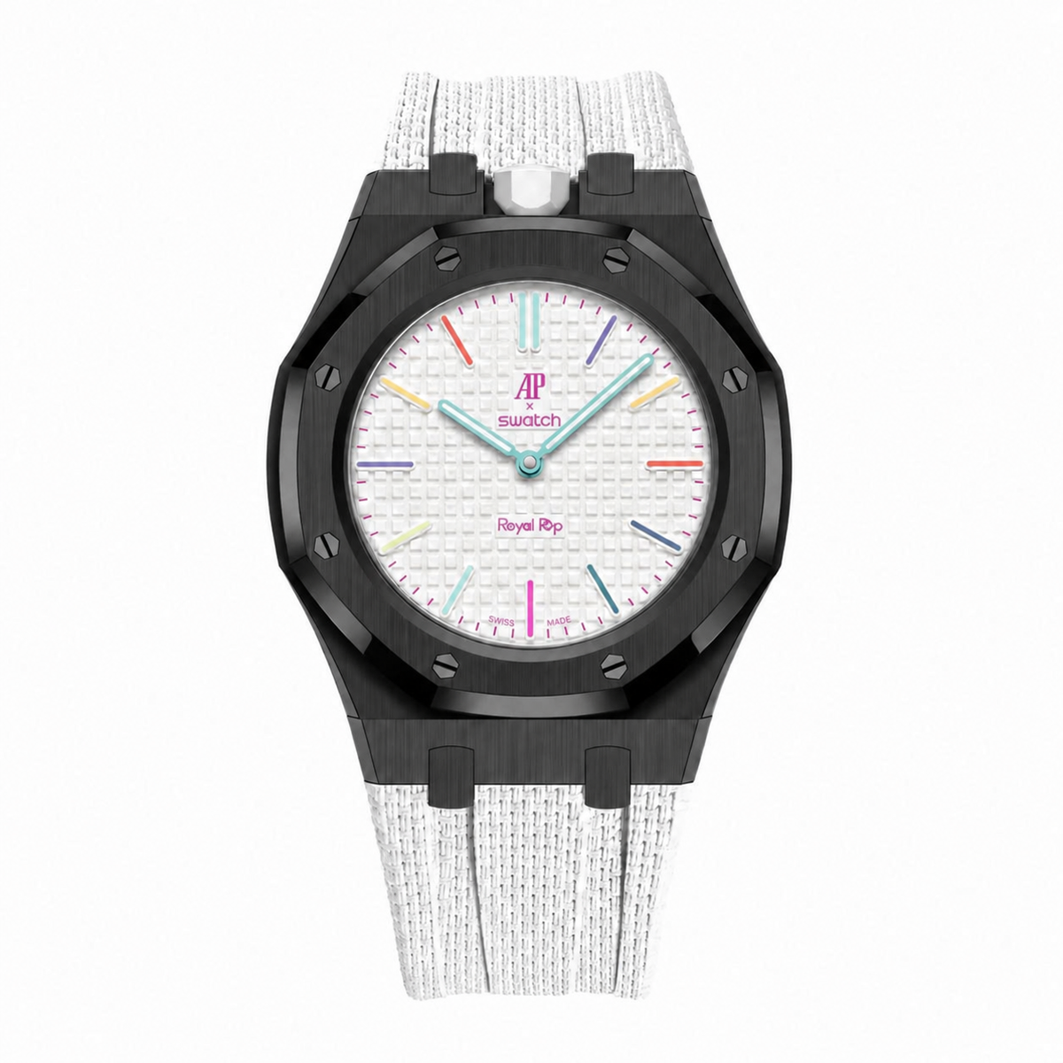 Full stainless steel covered case with textured rubber strap for AP x Swatch Royalpop - Black case & White strap