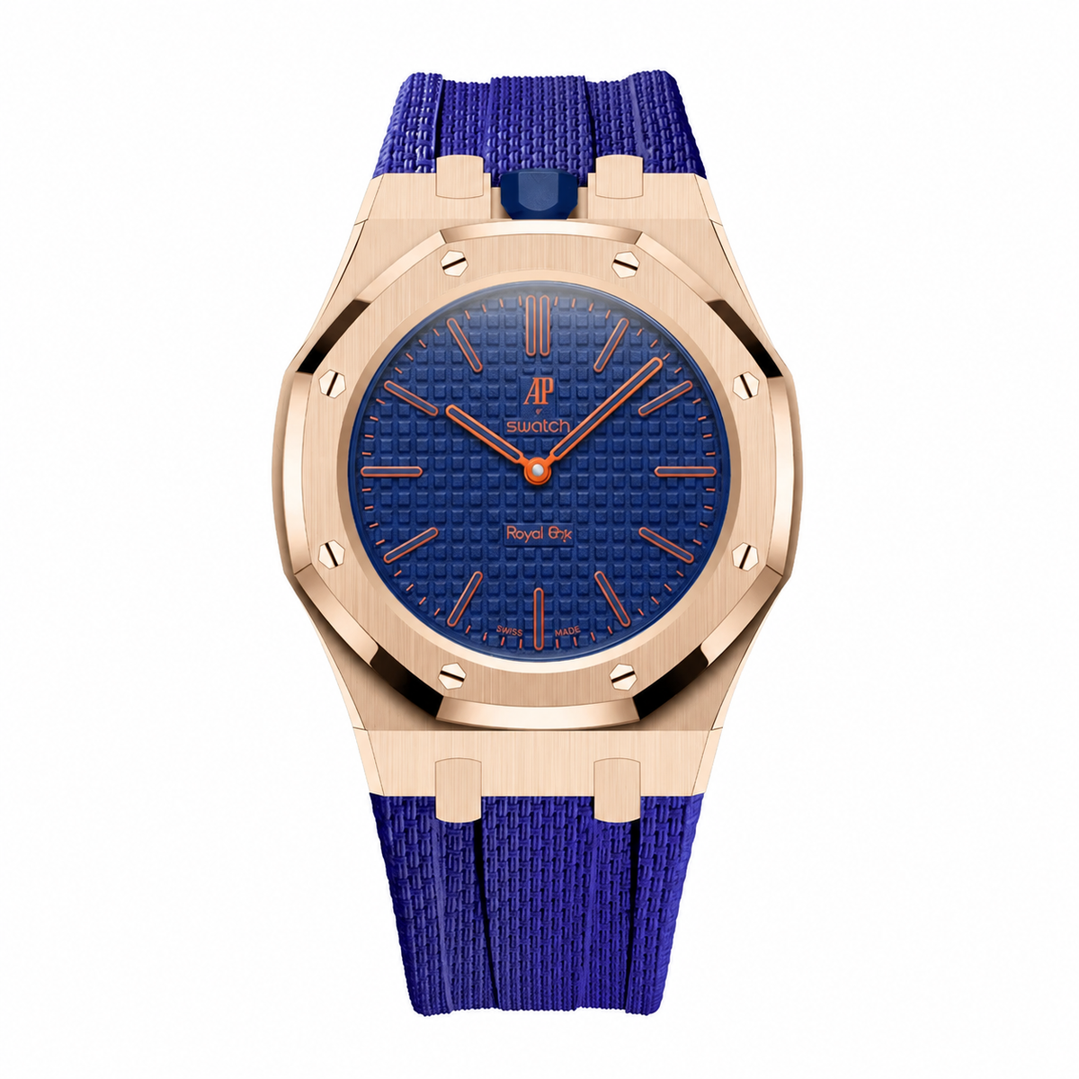 Full stainless steel covered case with textured rubber strap for AP x Swatch Royalpop - Rosegold case & Darkblue strap