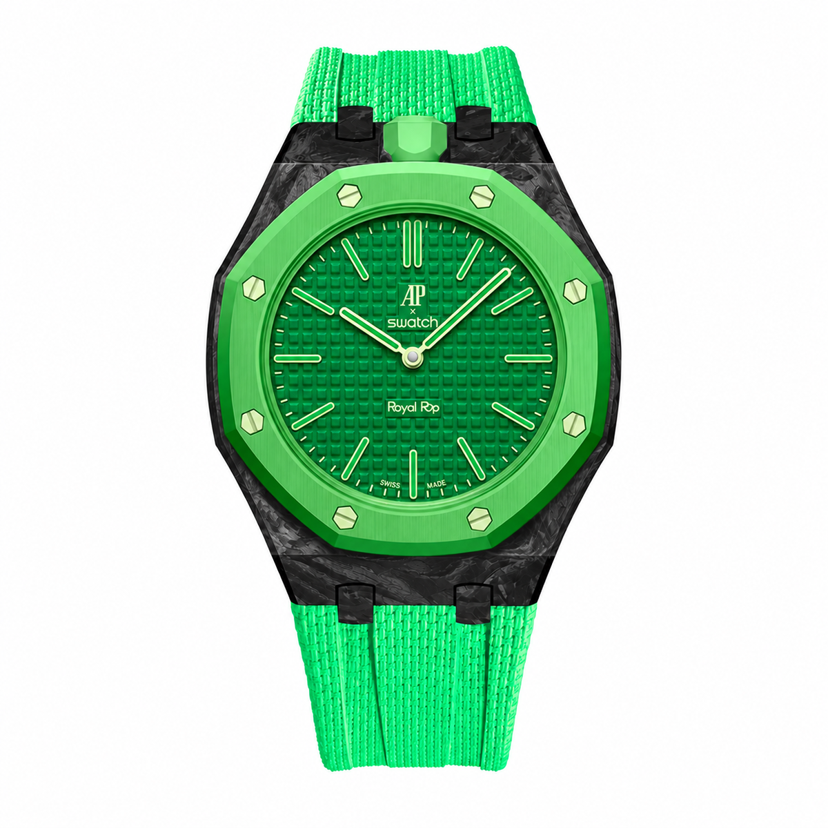 Forged carbon case for AP x Swatch Royalpop with FKM textured rubber strap in green