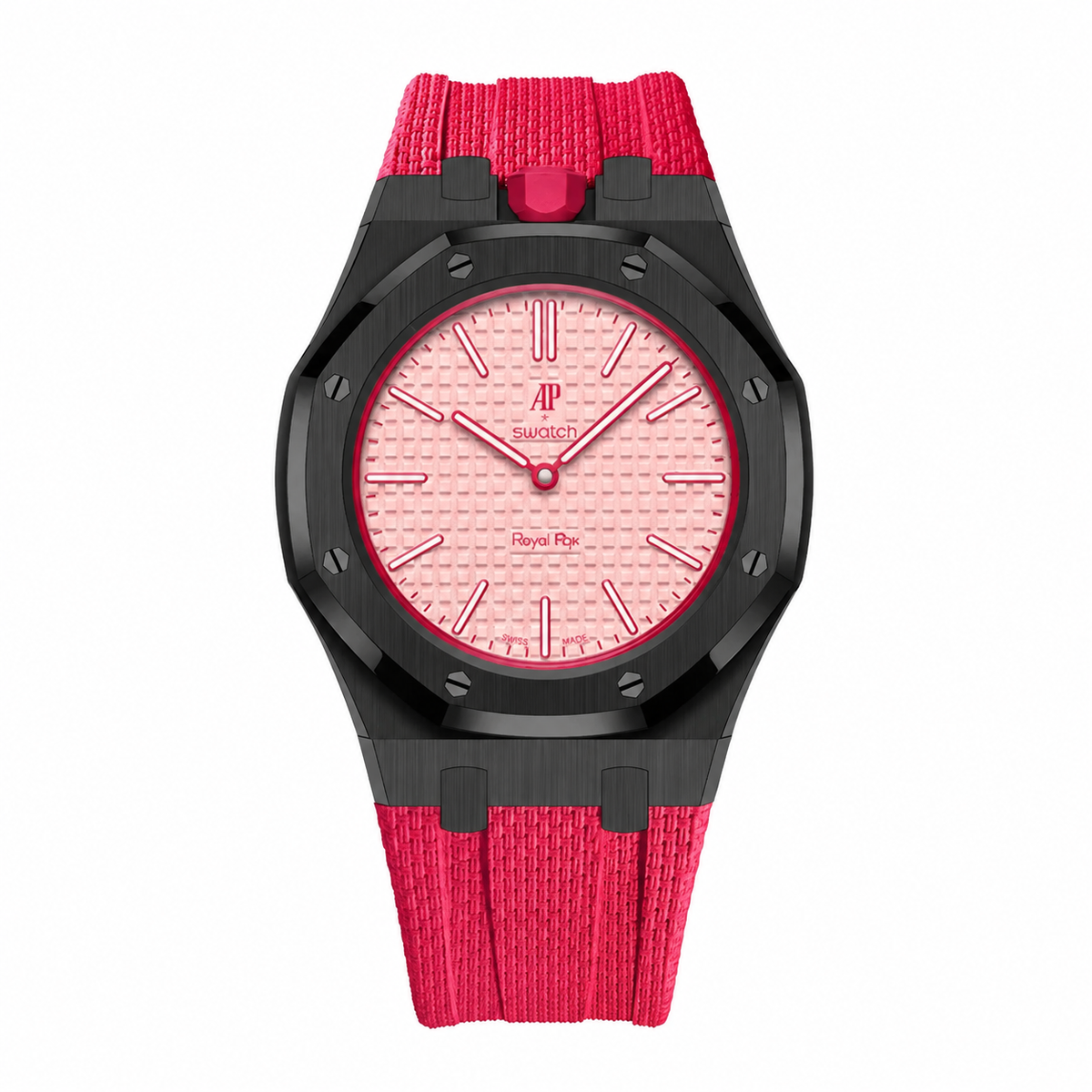 Full stainless steel covered case with textured rubber strap for AP x Swatch Royalpop - Black case & Red strap