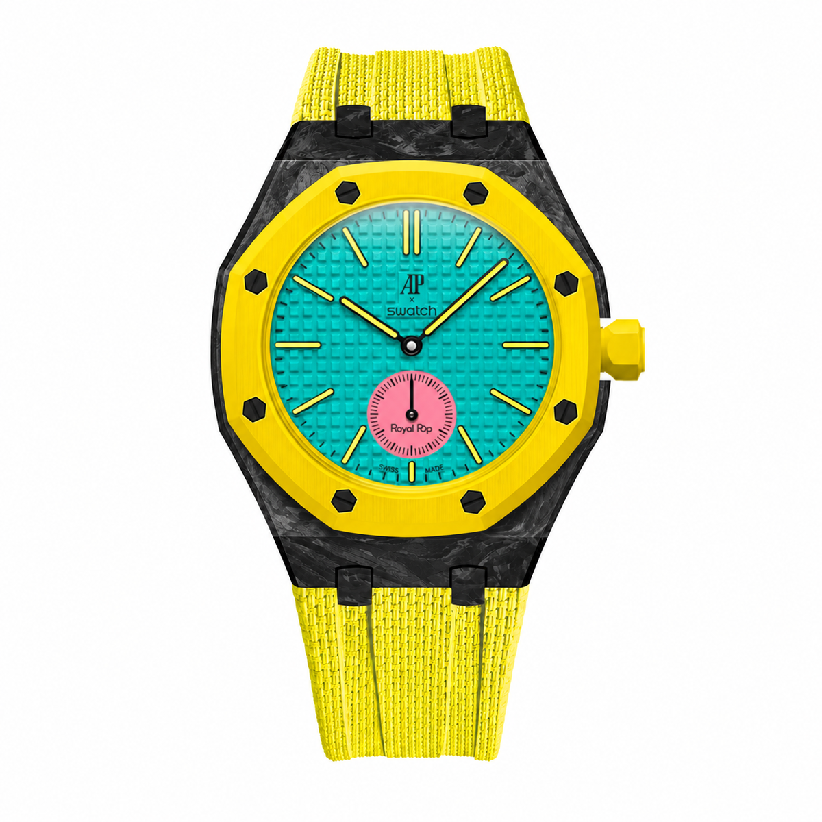 Forged carbon case for AP x Swatch Royalpop with FKM textured rubber strap in yellow
