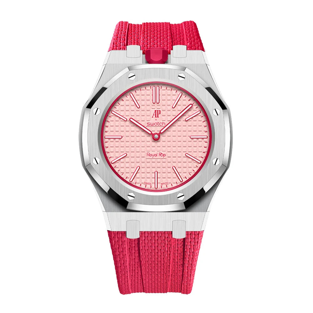 Full stainless steel covered case with textured rubber strap for AP x Swatch Royalpop - Silver case & Red strap