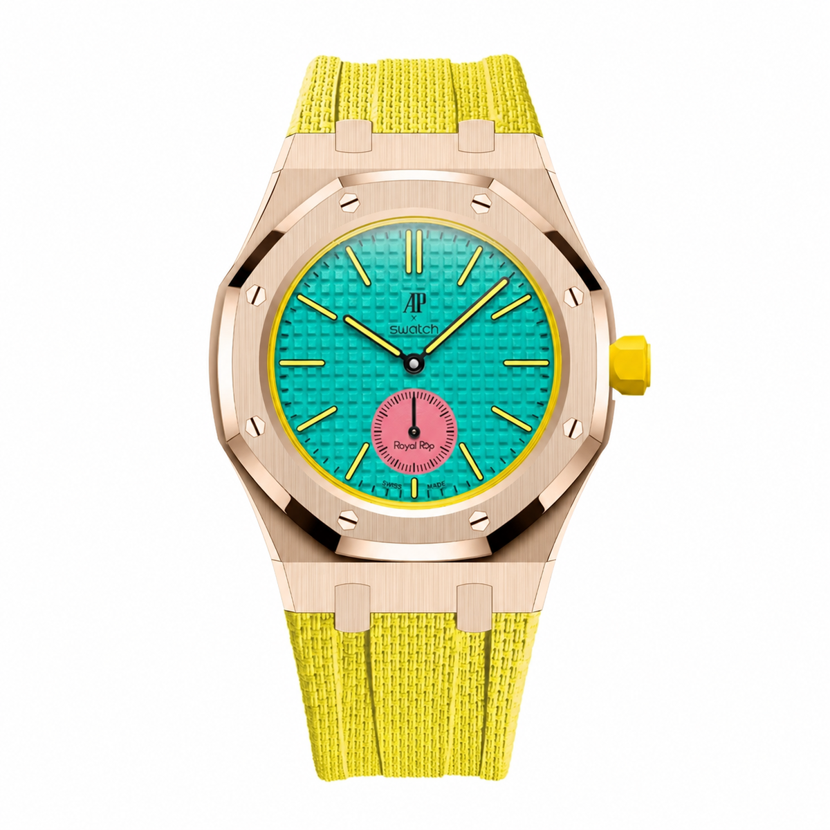 Full stainless steel covered case with textured rubber strap for AP x Swatch Royalpop - Rosegold case & Yellow strap