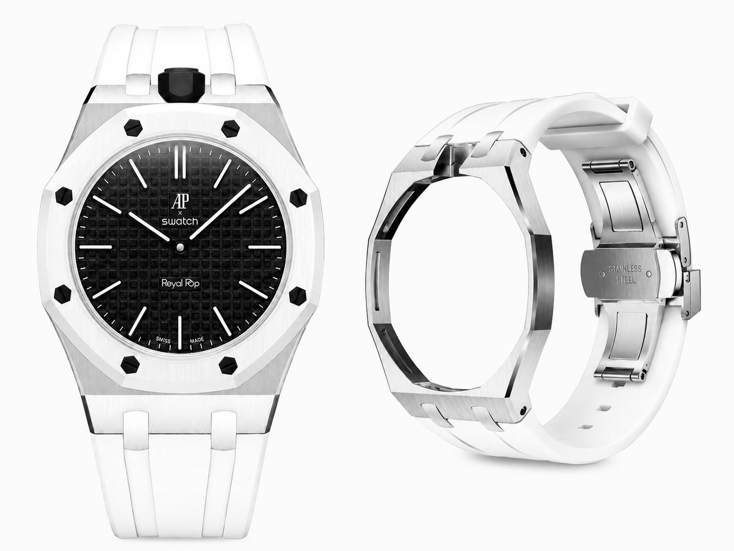 Metal case adapter + Rubber strap for AP x Swatch RoyalPop - White rubber strap