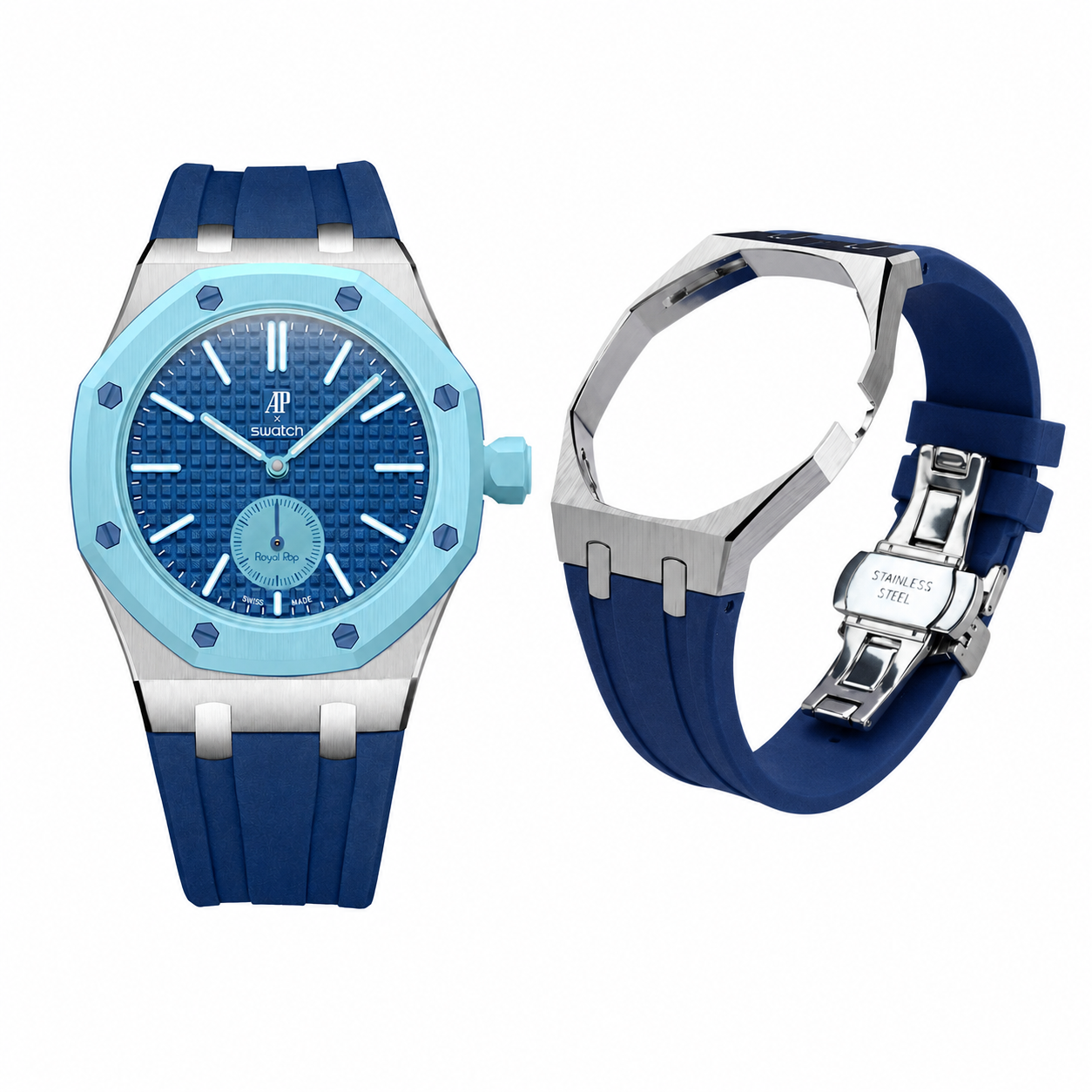 Metal case adapter + Rubber strap for AP x Swatch RoyalPop - Blue rubber strap