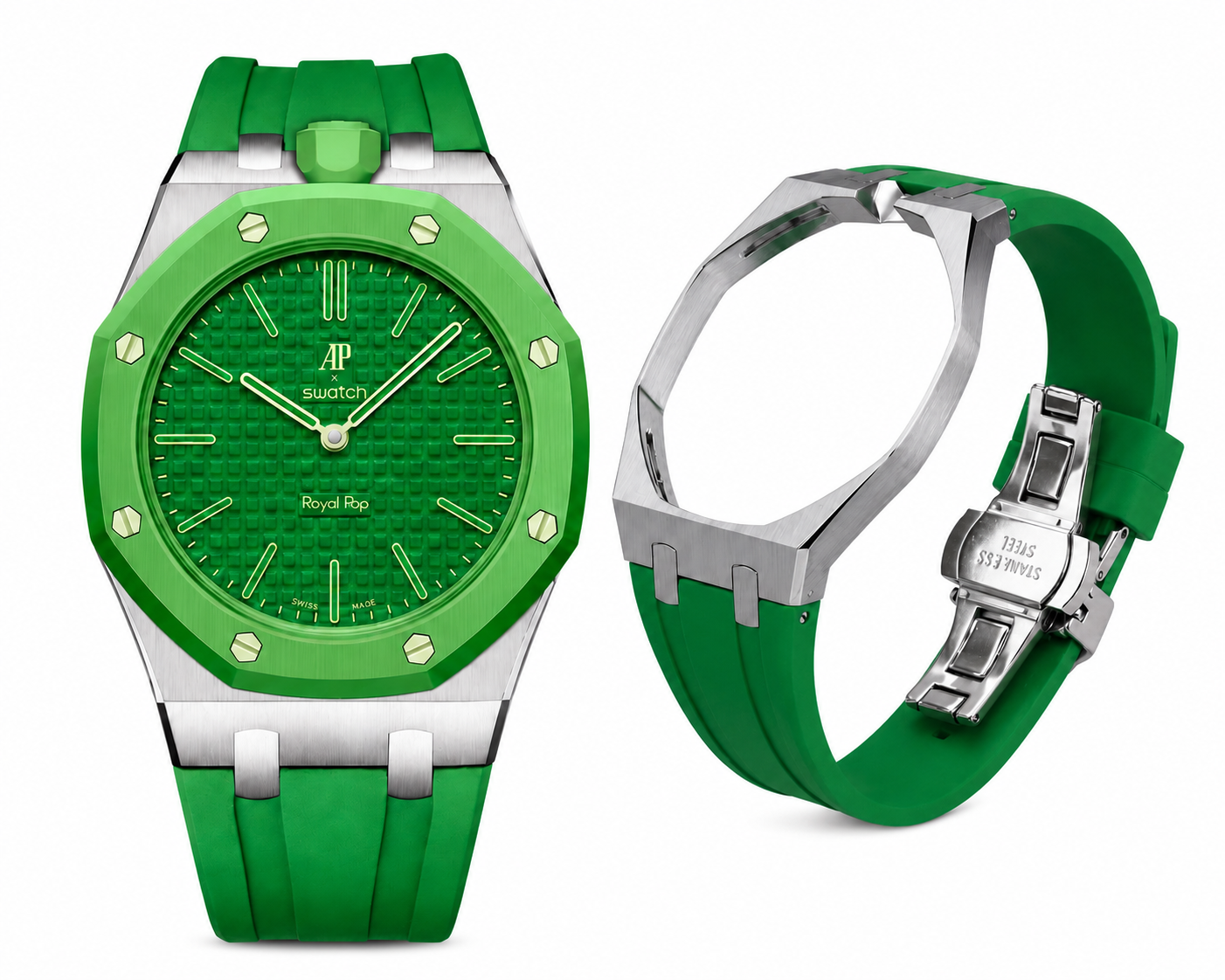 Metal case adapter + Rubber strap for AP x Swatch RoyalPop - Green rubber strap
