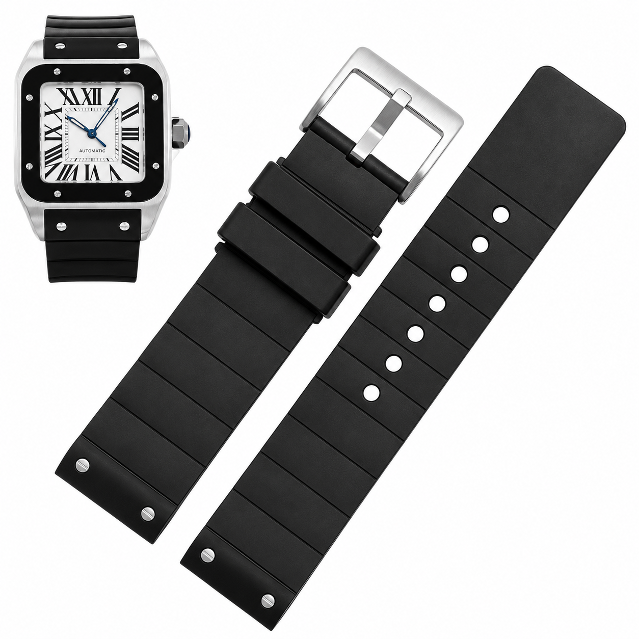 Cartier Santos Style Black Rubber Watch Band with Deployment Clasp