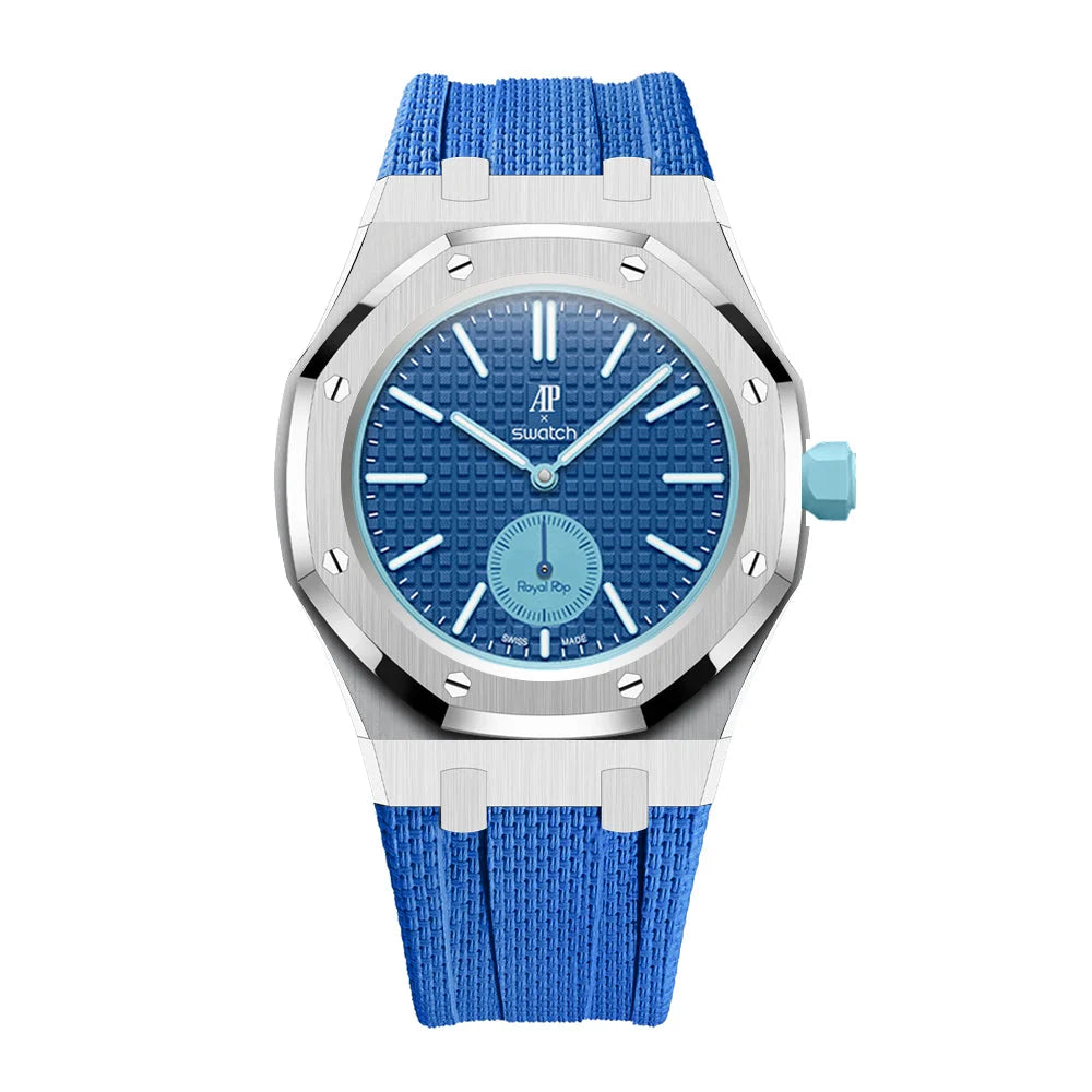 Full stainless steel covered case with textured rubber strap for AP x Swatch Royalpop - Silver case & Blue strap