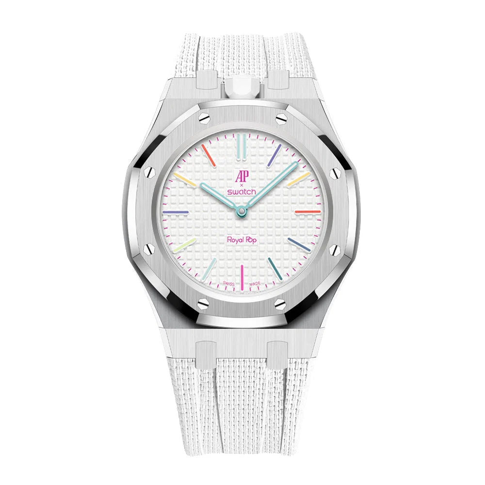 Full stainless steel covered case with textured rubber strap for AP x Swatch Royalpop - Silver case & White strap