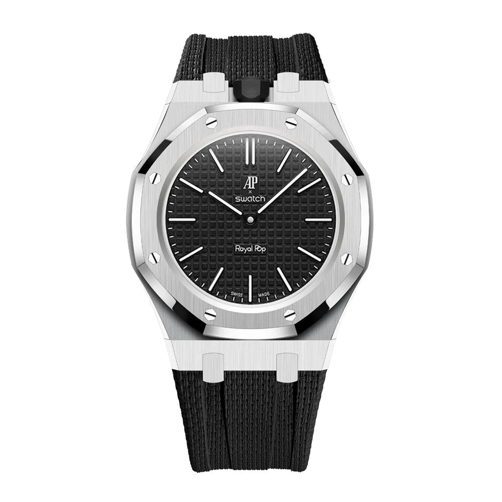 Full stainless steel covered case with textured rubber strap for AP x Swatch Royalpop - Silver case & Black strap