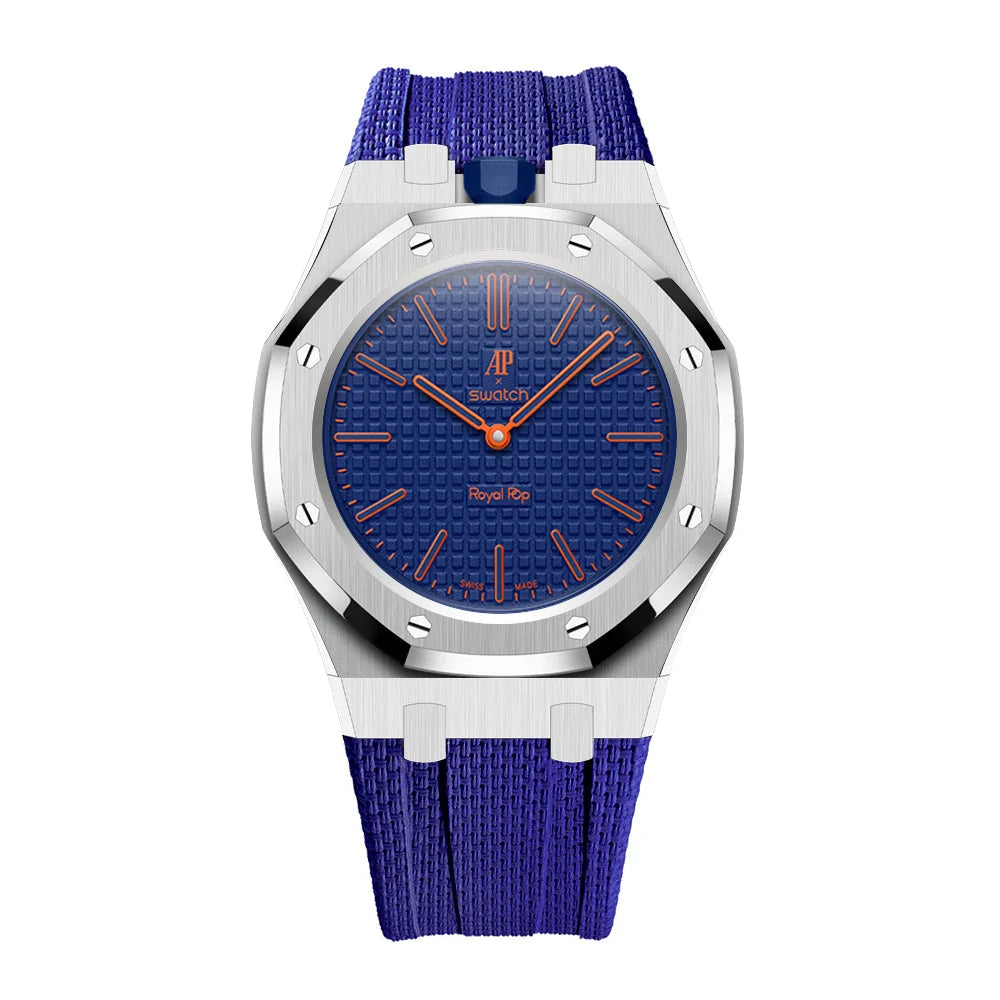 Full stainless steel covered case with textured rubber strap for AP x Swatch Royalpop - Silver case & Darkblue strap