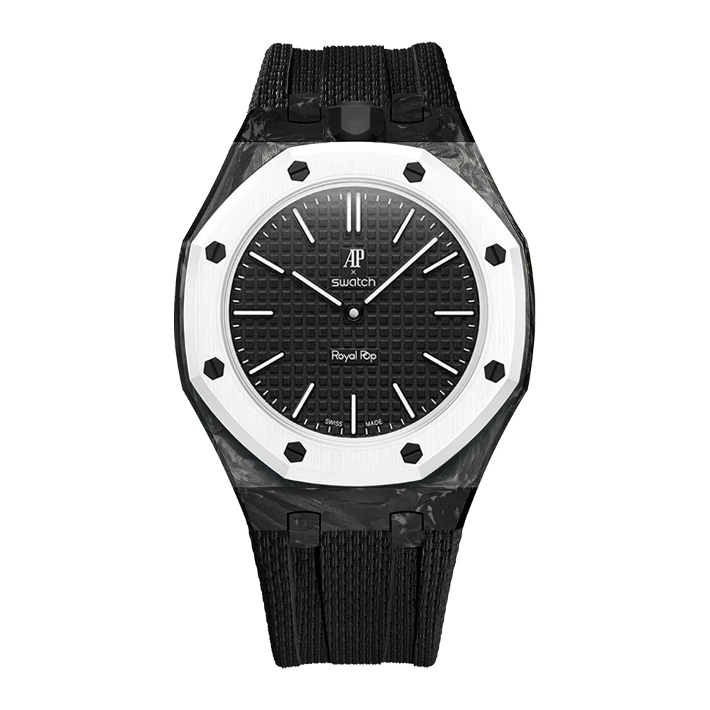 Forged carbon case for AP x Swatch Royalpop with FKM textured rubber strap in black