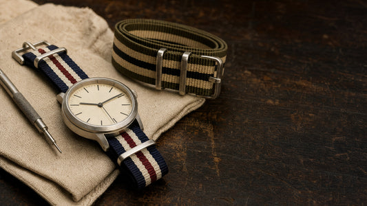 A steel field watch on a navy, cream and burgundy striped NATO strap, with a second olive striped NATO strap and a spring bar tool on a dark workbench.