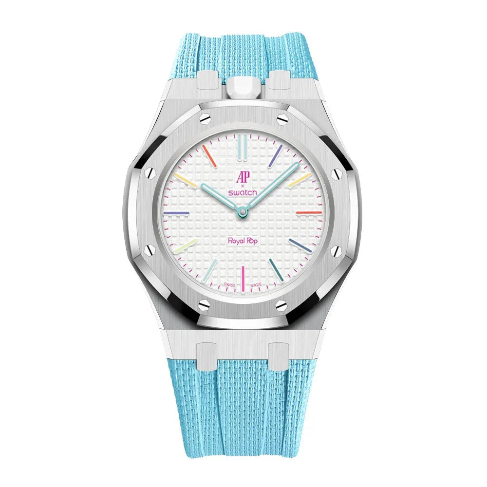 Full stainless steel covered case with textured rubber strap for AP x Swatch Royalpop - Silver case & Lightblue strap