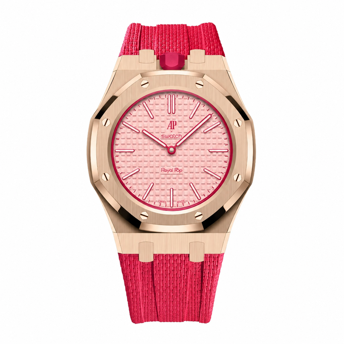 Full stainless steel covered case with textured rubber strap for AP x Swatch Royalpop - Rosegold case & Red strap