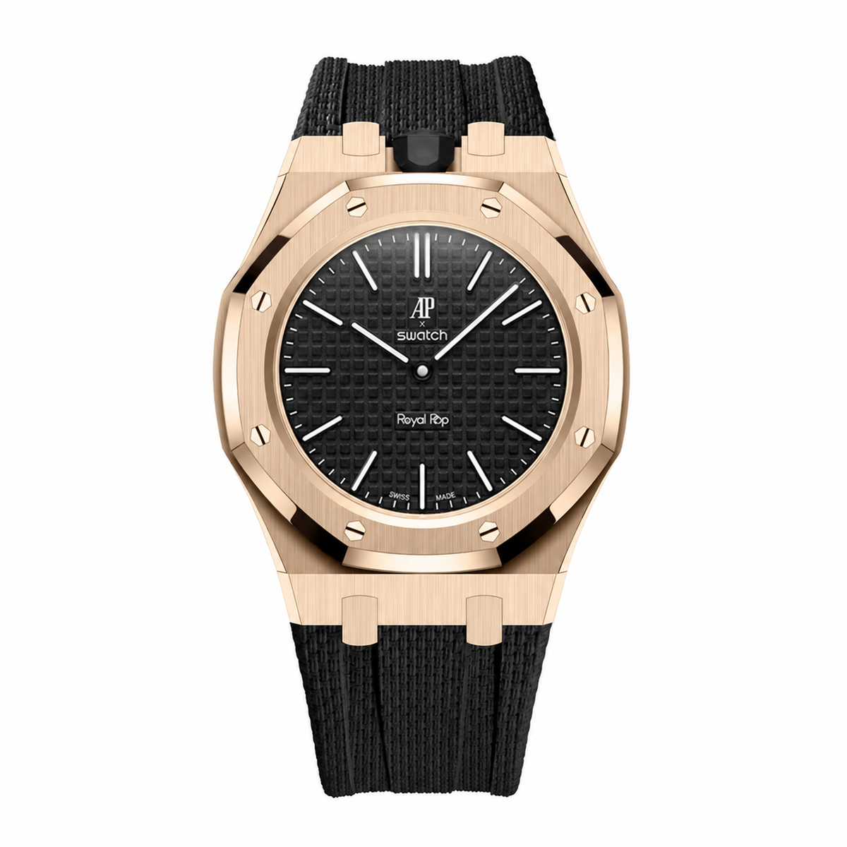 Full stainless steel covered case with textured rubber strap for AP x Swatch Royalpop - Rosegold case & Black strap