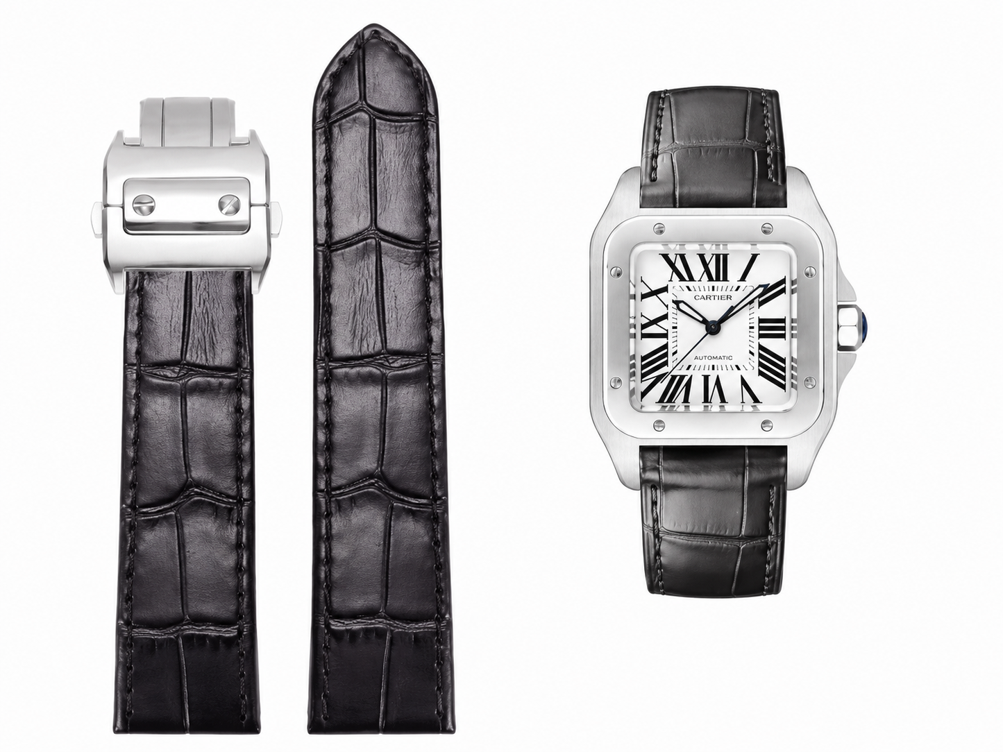Premium Vegan Leather Watch Band for Cartier Santos Watches – Multiple Colors Available