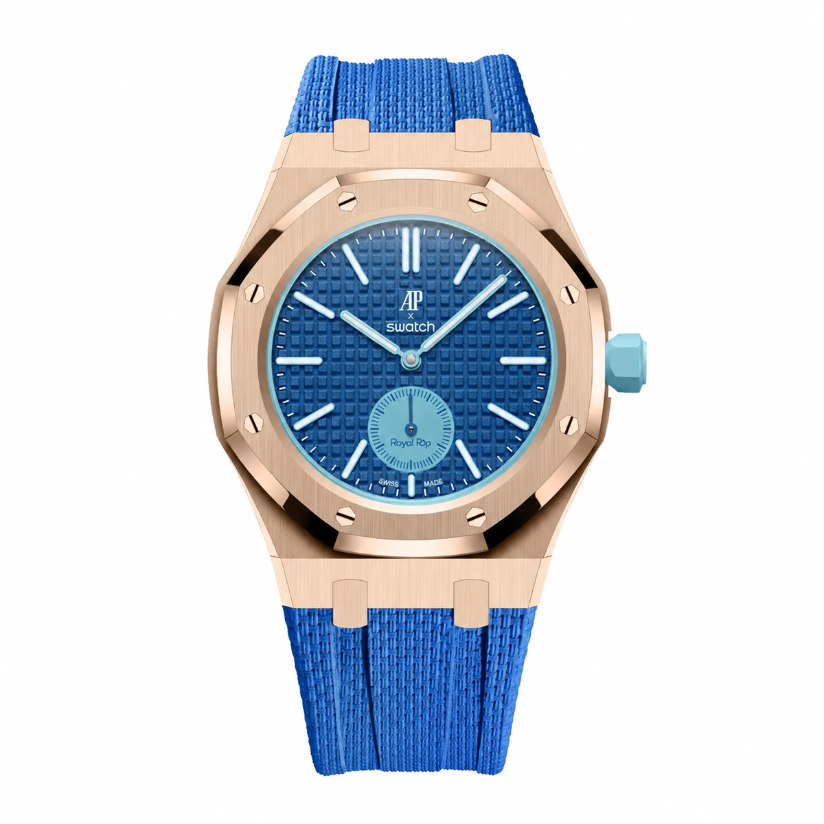 Full stainless steel covered case with textured rubber strap for AP x Swatch Royalpop - Rosegold case & Blue strap