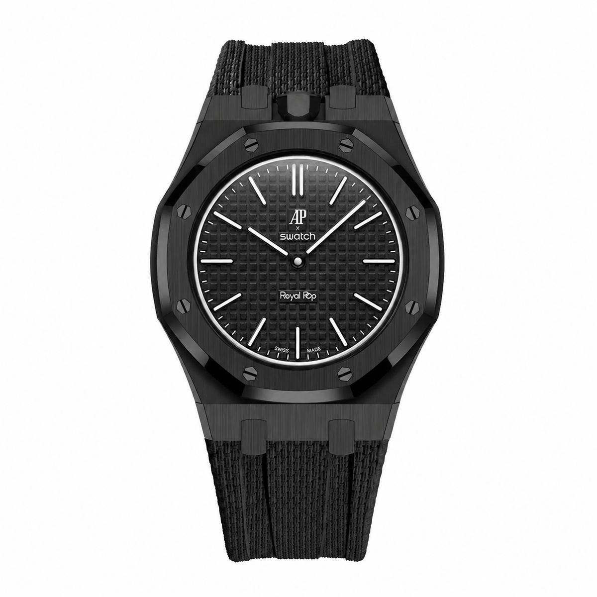 Full stainless steel covered case with textured rubber strap for AP x Swatch Royalpop - Black case & Black strap