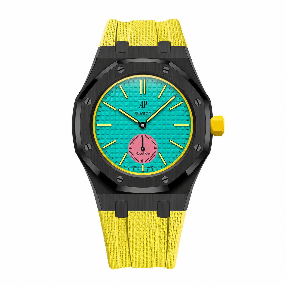 Full stainless steel covered case with textured rubber strap for AP x Swatch Royalpop - Black case & Yellow strap
