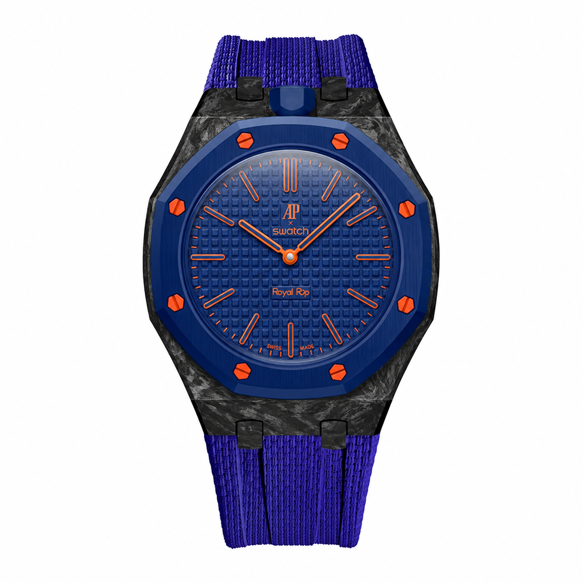 Forged carbon case for AP x Swatch Royalpop with FKM textured rubber strap in darkblue