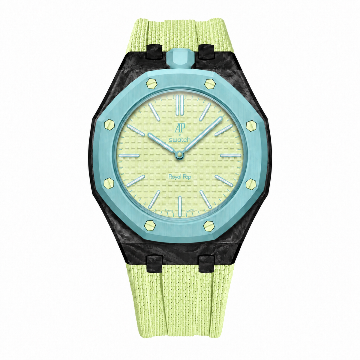 Forged carbon case for AP x Swatch Royalpop with FKM textured rubber strap in lightgreen