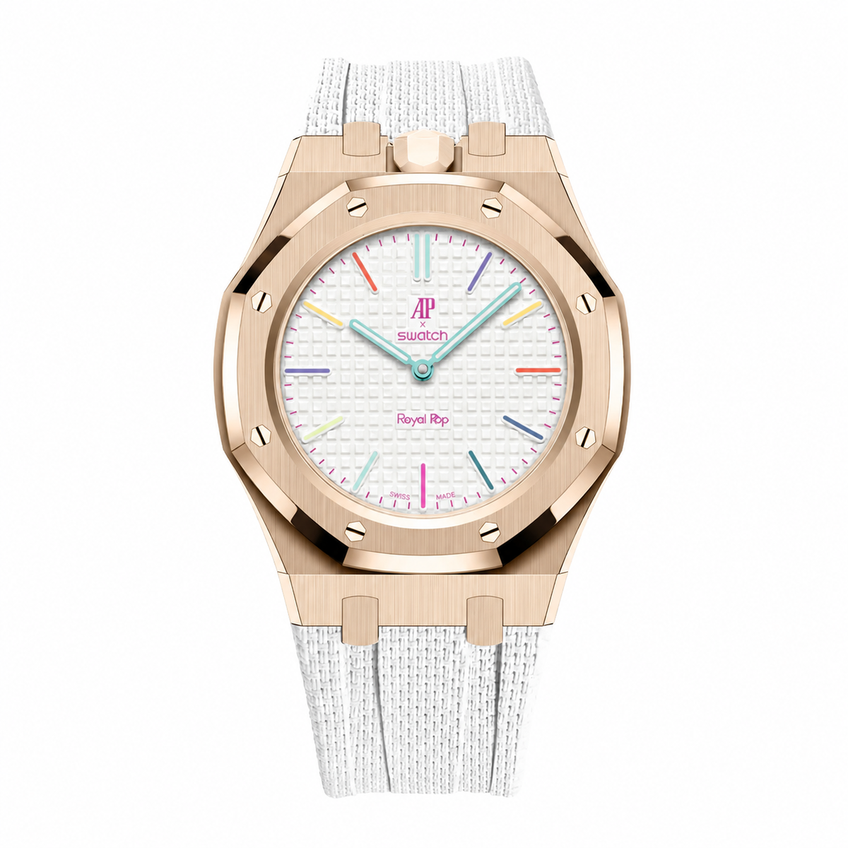 Full stainless steel covered case with textured rubber strap for AP x Swatch Royalpop - Rosegold case & White strap