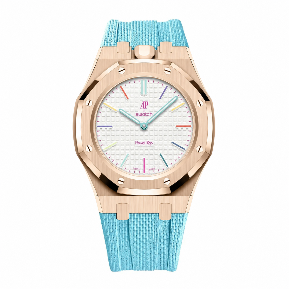 Full stainless steel covered case with textured rubber strap for AP x Swatch Royalpop - Rosegold case & Lightblue strap