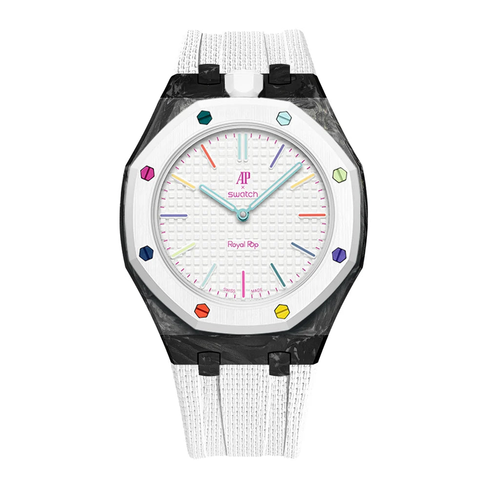 Forged carbon case for AP x Swatch Royalpop with FKM textured rubber strap in white
