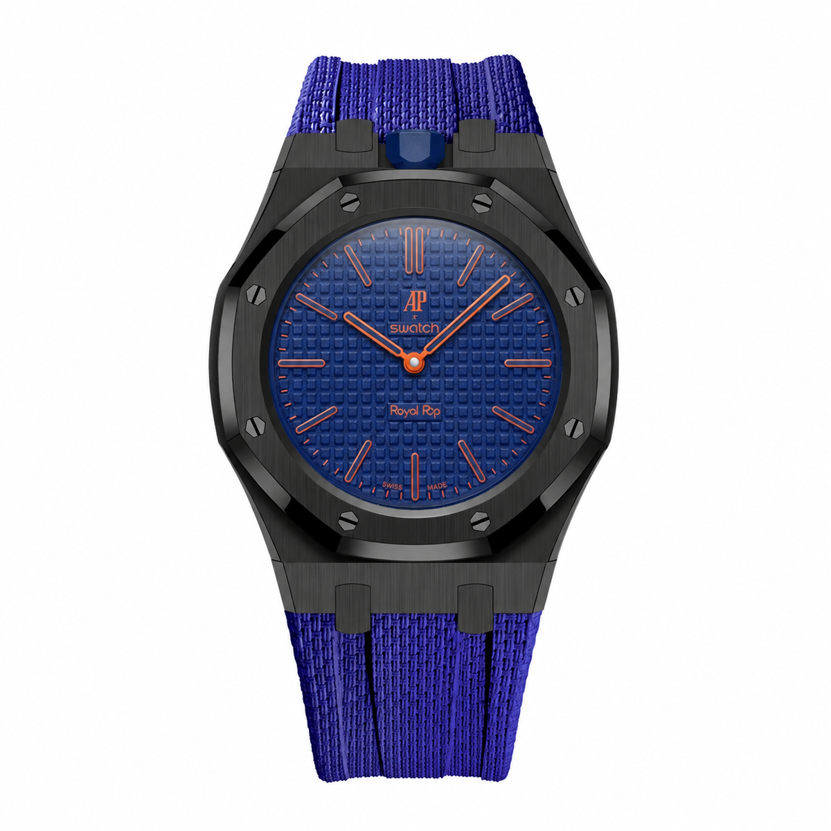 Full stainless steel covered case with textured rubber strap for AP x Swatch Royalpop - Black case & Darkblue strap