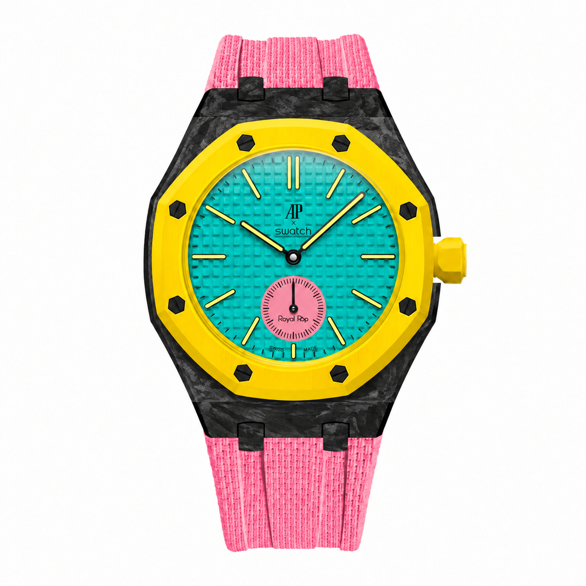 Forged carbon case for AP x Swatch Royalpop with FKM textured rubber strap in pink