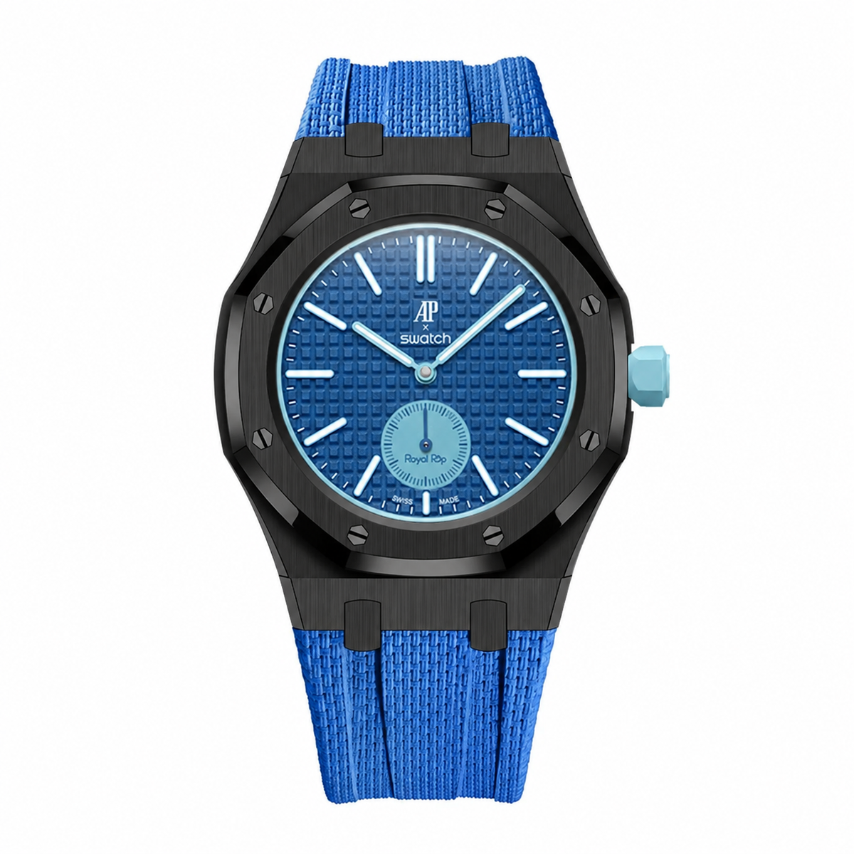 Full stainless steel covered case with textured rubber strap for AP x Swatch Royalpop - Black case & Blue strap