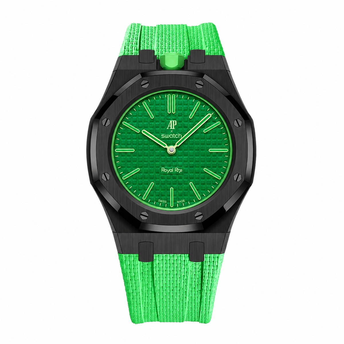 Full stainless steel covered case with textured rubber strap for AP x Swatch Royalpop - Black case & Green strap