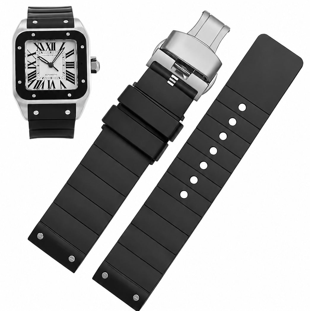 Cartier Santos Style Black Rubber Watch Band with Deployment Clasp