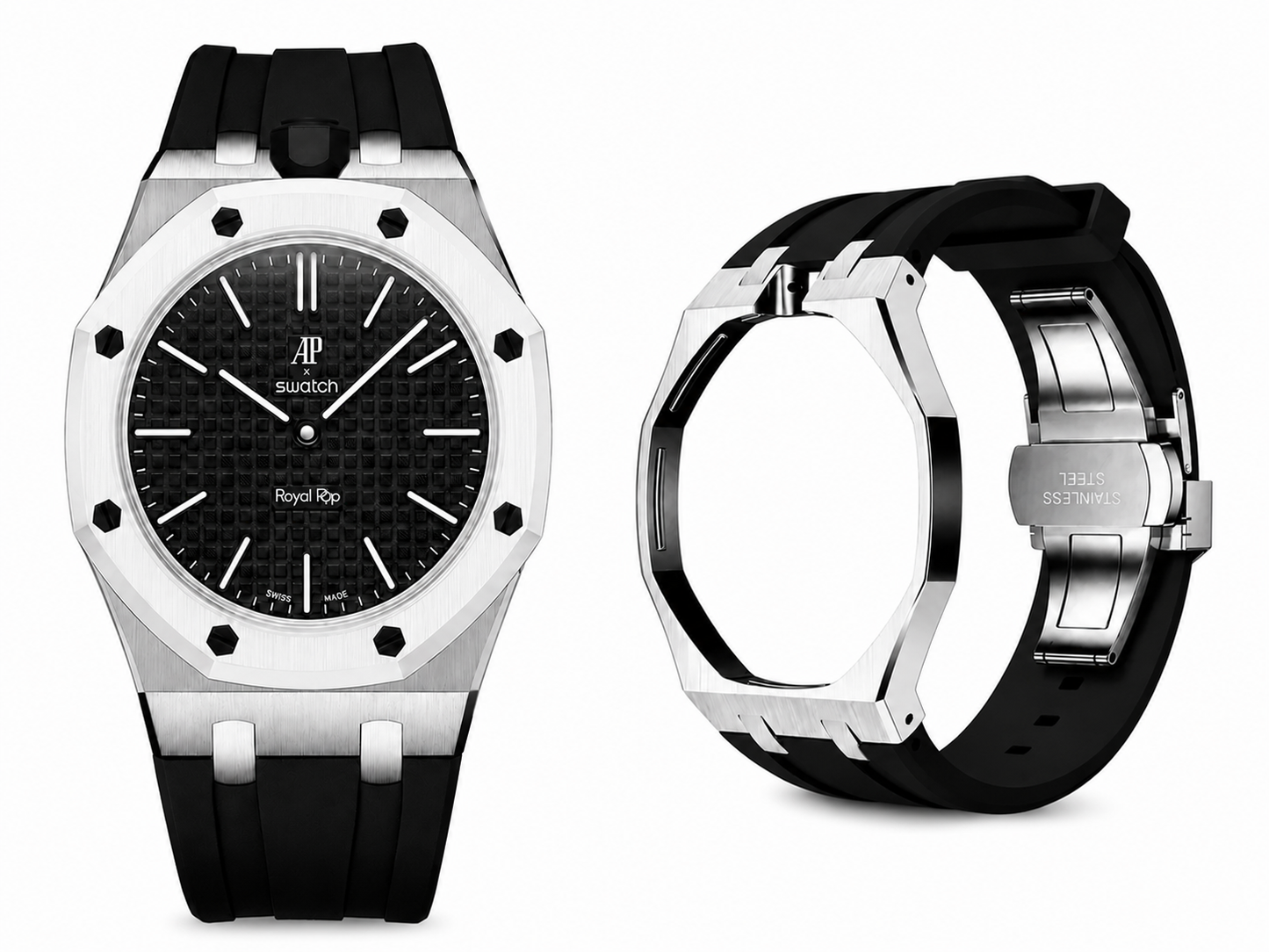Metal case adapter + Rubber strap  for AP x Swatch RoyalPop - Black rubber strap
