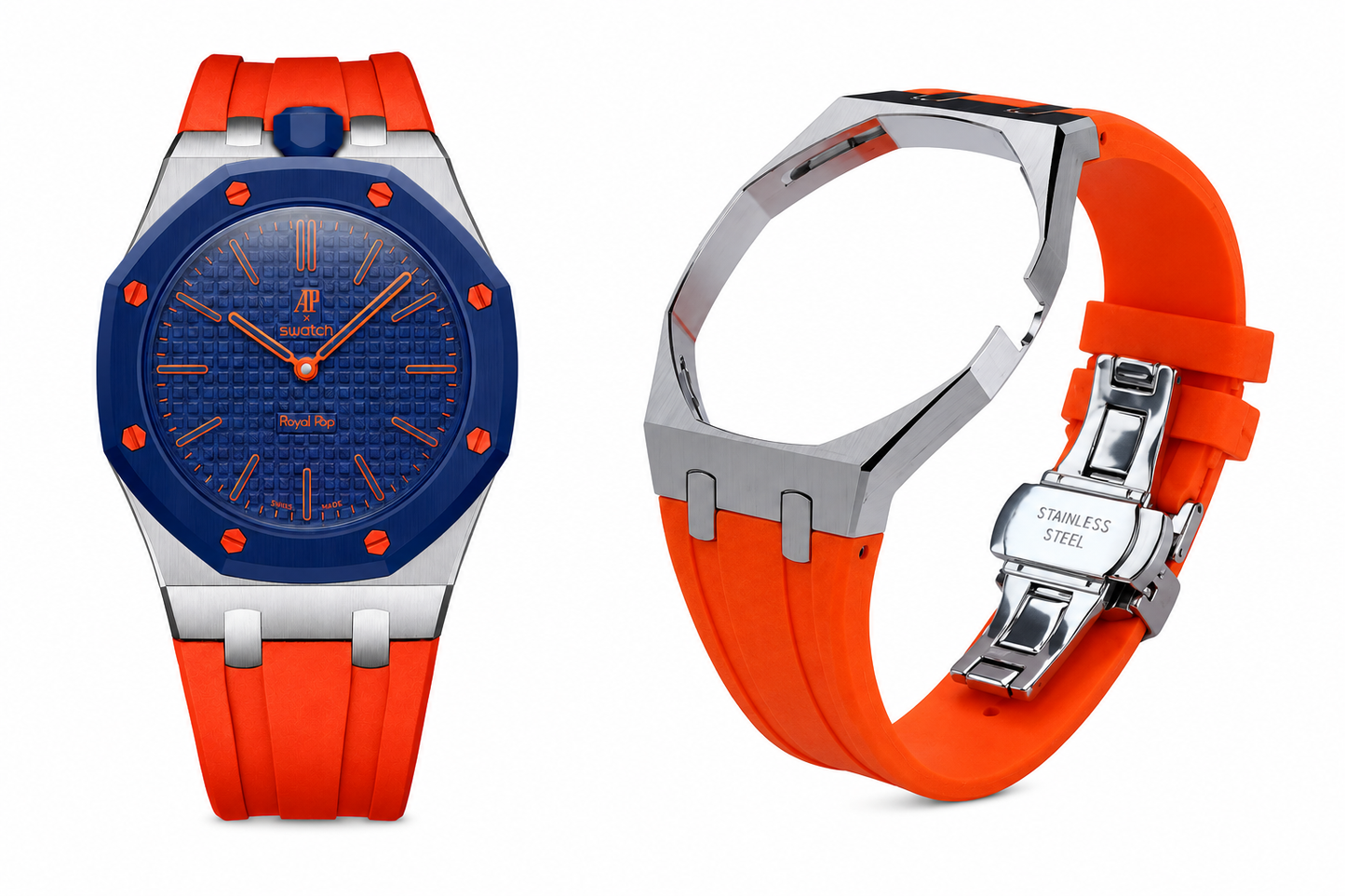 Metal case adapter + Rubber strap for AP x Swatch RoyalPop - Orange rubber strap