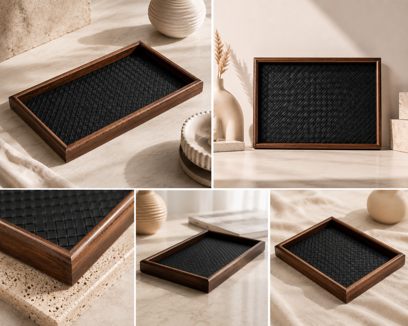 Wooden valet tray with woven leather for jewelry – 30×20 cm