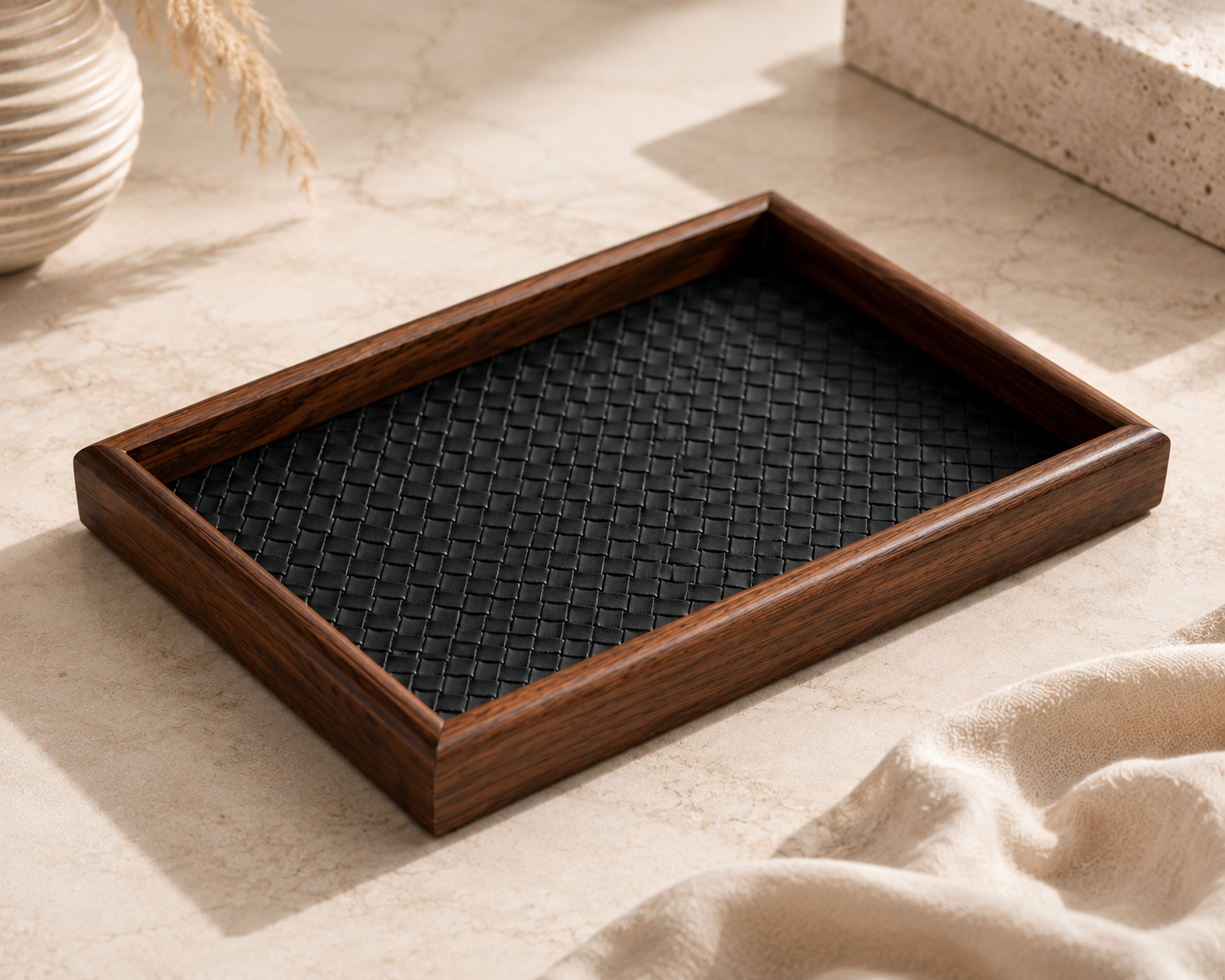 Wooden valet tray with woven leather for jewelry – 30×20 cm