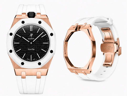 Gold metal case adapter + Silicone strap for AP x Swatch RoyalPop - White rubber strap