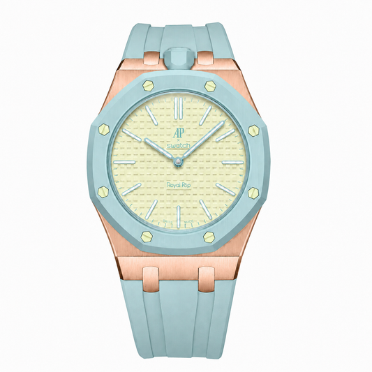 Gold metal case adapter + Silicone strap for AP x Swatch RoyalPop - Lightblue rubber strap
