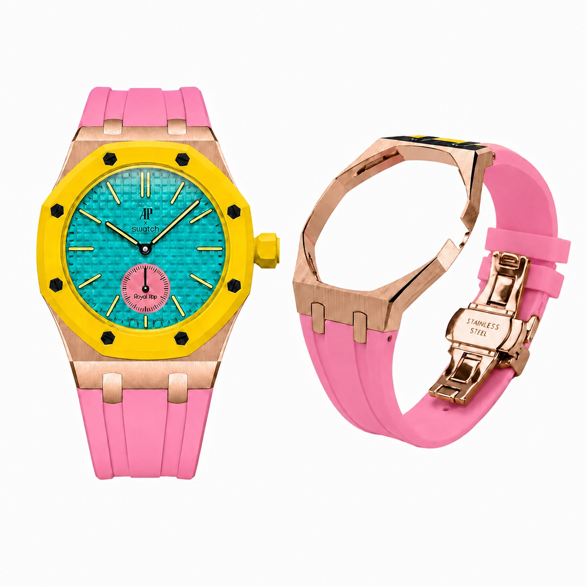 Gold metal case adapter + Silicone strap for AP x Swatch RoyalPop - Pink rubber strap