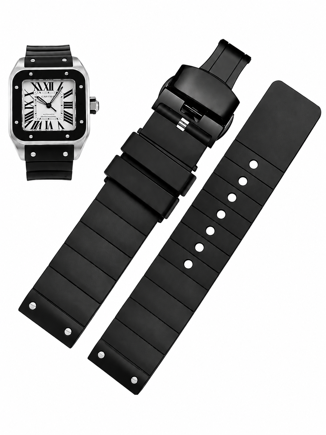 Cartier Santos Style Black Rubber Watch Band with Deployment Clasp