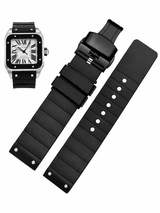 Cartier Santos Style Black Rubber Watch Band with Deployment Clasp