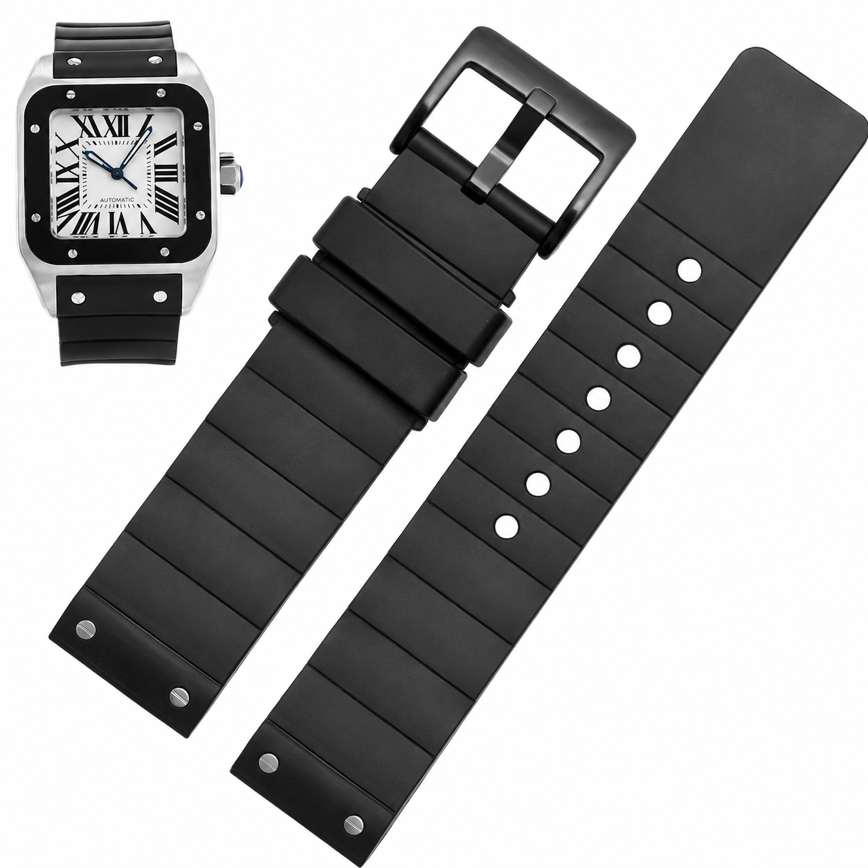 Cartier Santos Style Black Rubber Watch Band with Deployment Clasp