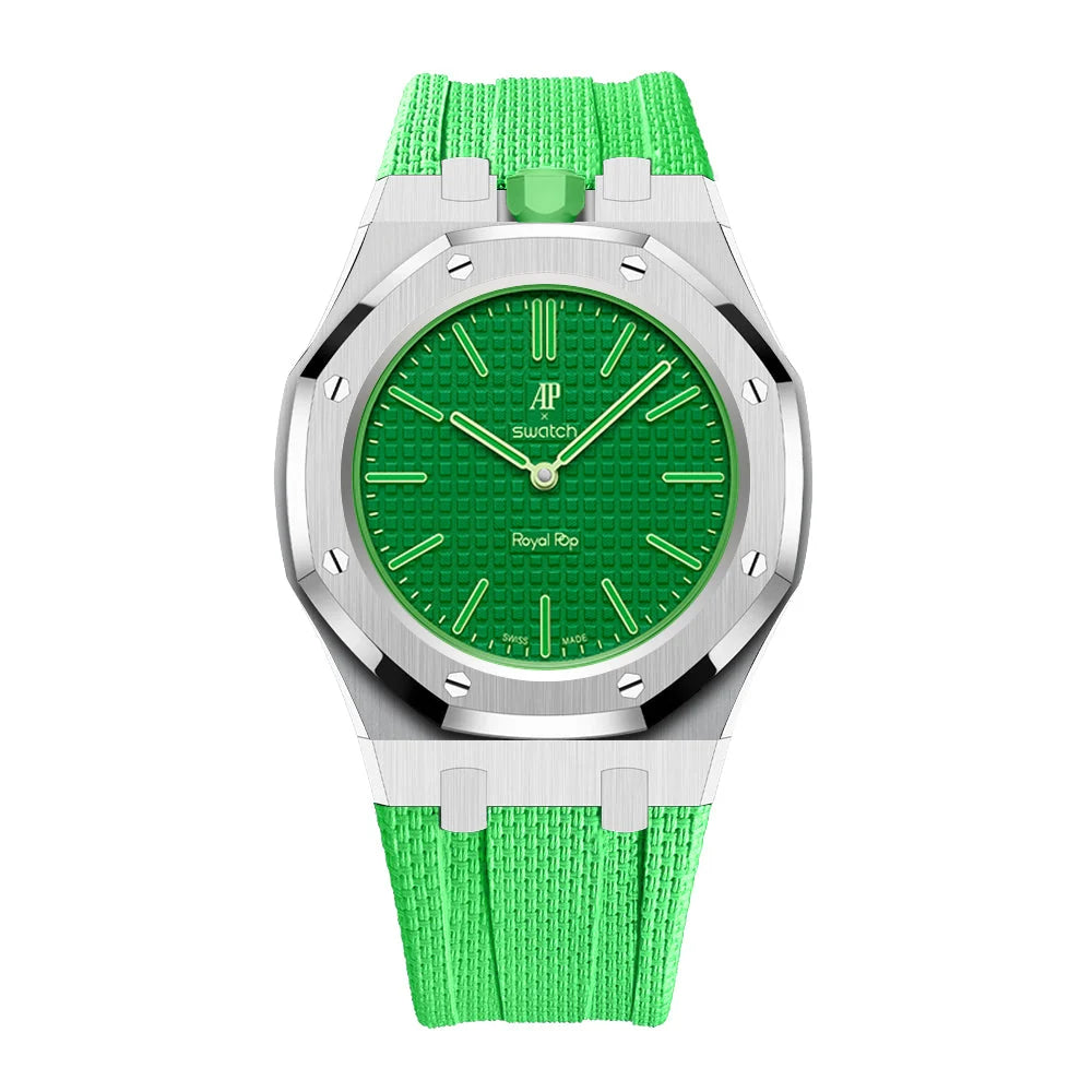 Full stainless steel covered case with textured rubber strap for AP x Swatch Royalpop - Silver case & Green strap