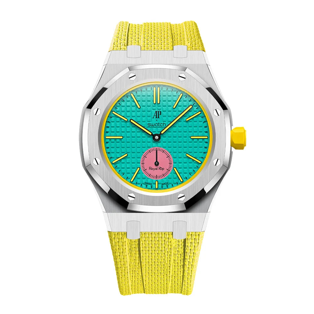 Full stainless steel covered case with textured rubber strap for AP x Swatch Royalpop - Silver case & Yellow strap