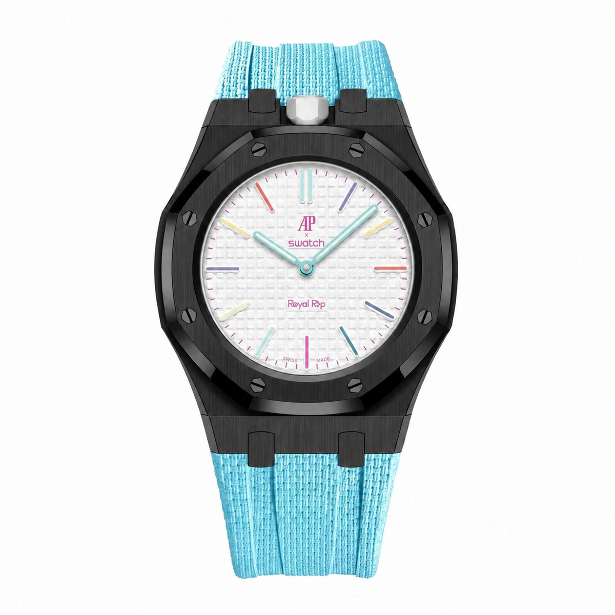 Full stainless steel covered case with textured rubber strap for AP x Swatch Royalpop - Black case & Lightblue strap