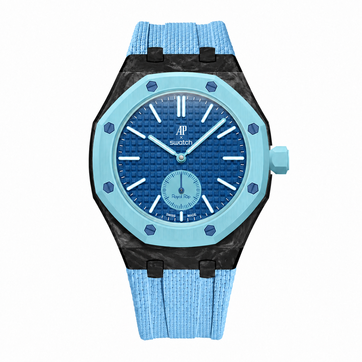 Forged carbon case for AP x Swatch Royalpop with FKM textured rubber strap in babyblue